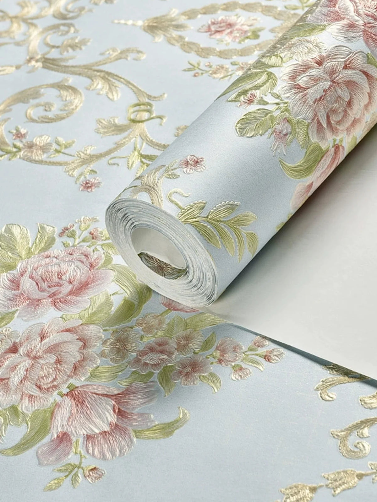 papier peint adhésif fleurs ornements floraux classique beige rose vert