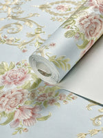 papier peint adhésif fleurs ornements floraux classique beige rose vert