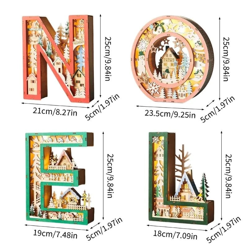 lettres décoratives noël rouge vert artisanal flocons neige manteau étagère affichage bois lumineux