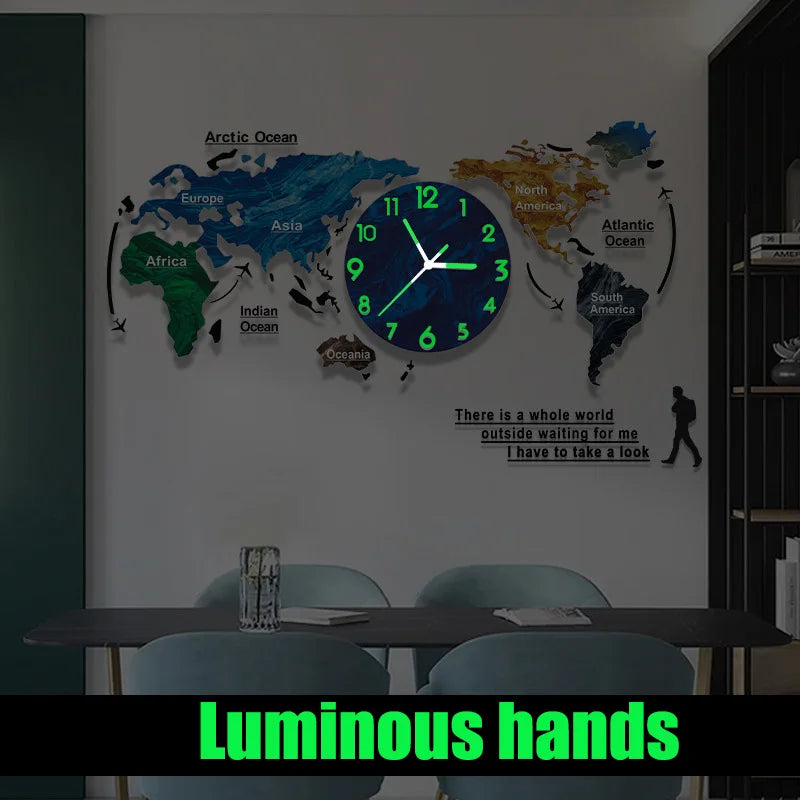 horloge murale moderne carte monde colorée aiguilles blanches textes noirs bleu noir transparent