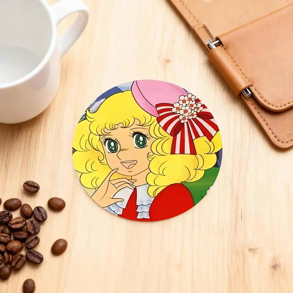 sous verres ronds fibre bambou multicolores illustration fille accessoires colorés dessin animé