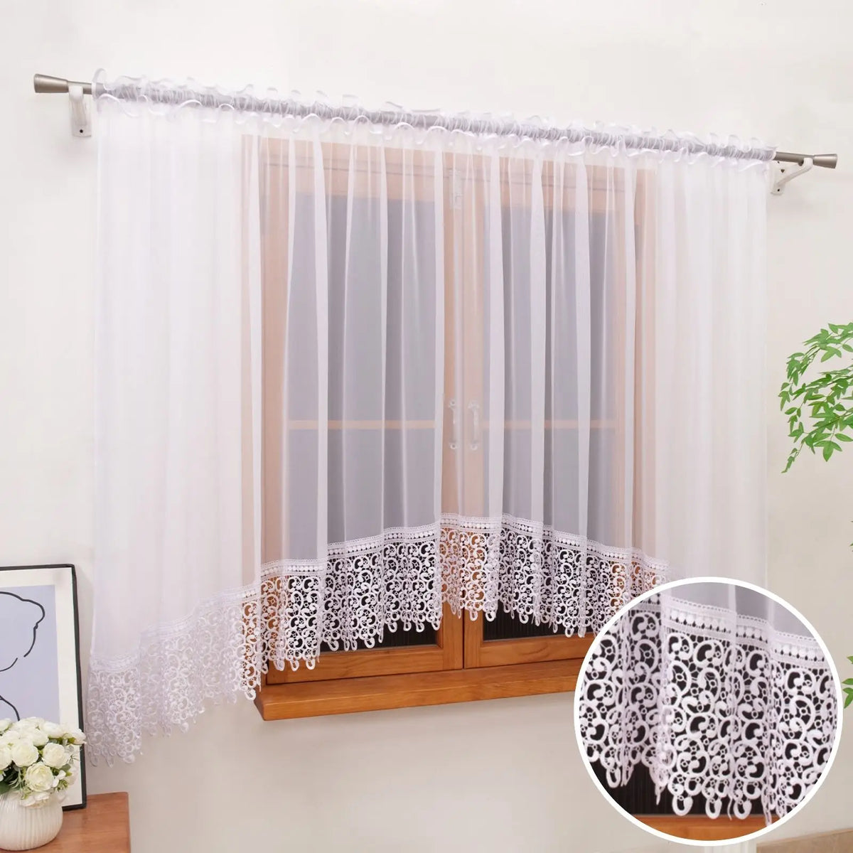 rideau blanc dentelle transparent salon polyester uv resistant classique anneaux