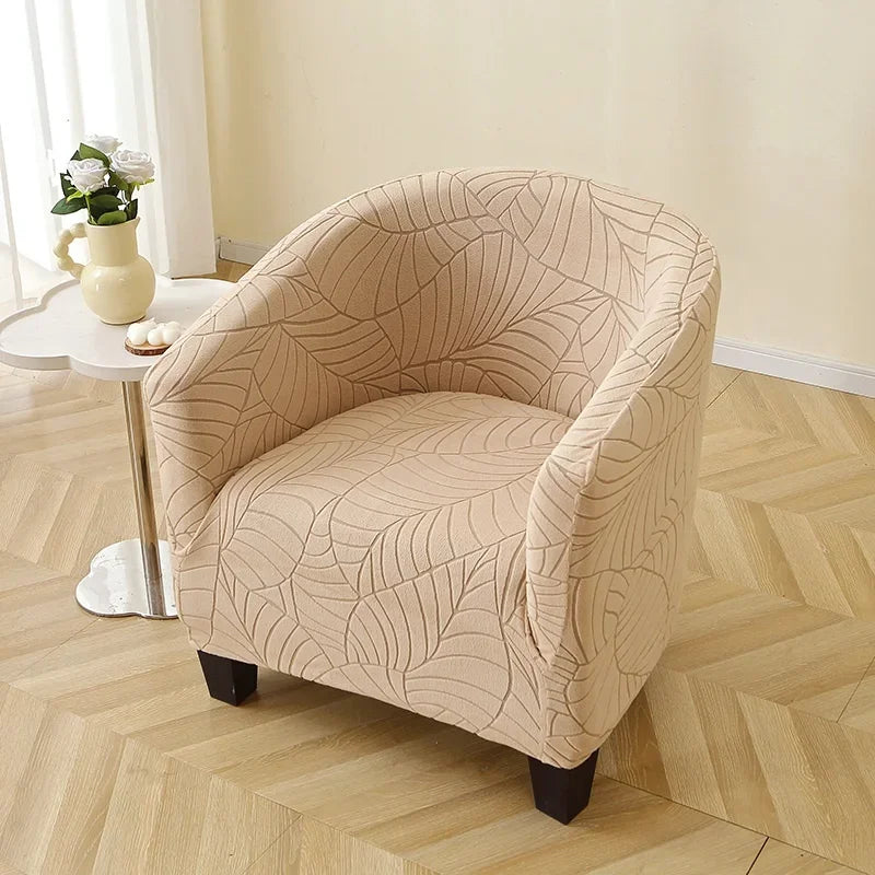 housse fauteuil moderne feuilles stylisées beige gris bleu clair polyestère lavable machine Jacquard fixations