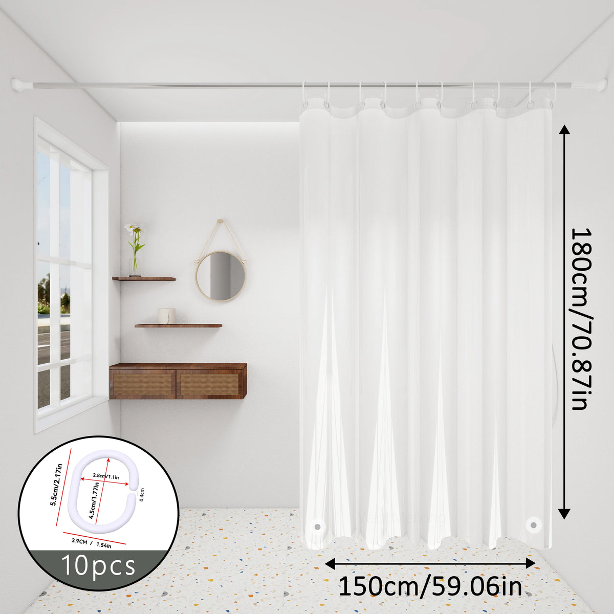 rideau douche transparent moderne aimants lestés blanc uni 120cm 180cm