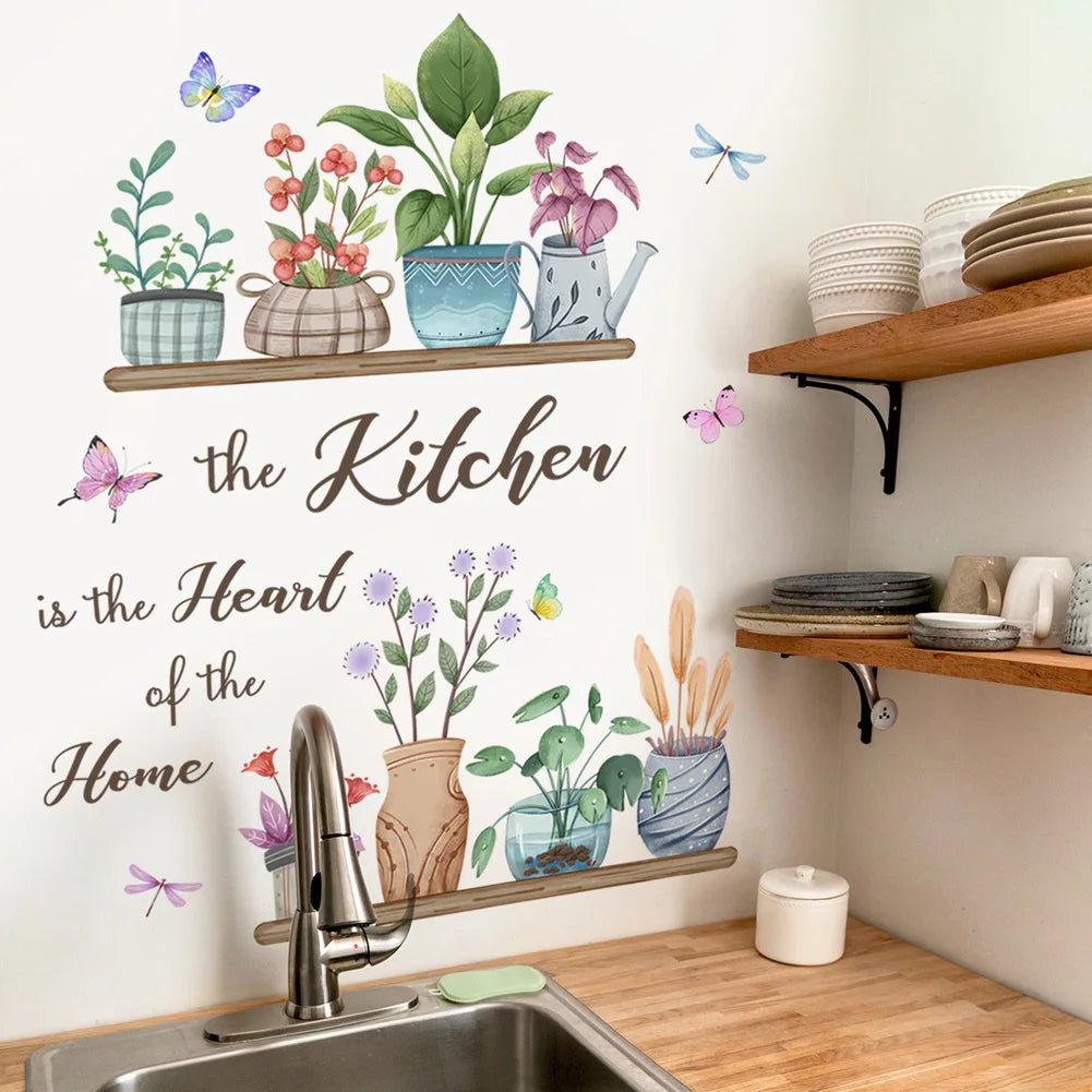 autocollant mural floral plantes papillons textes vert bleu rose chambre cuisine rustique moderne élégant
