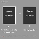 Choix de canvas ou de peinture sur toile sans ou avec bordure blanche de 3 cm de largeur.