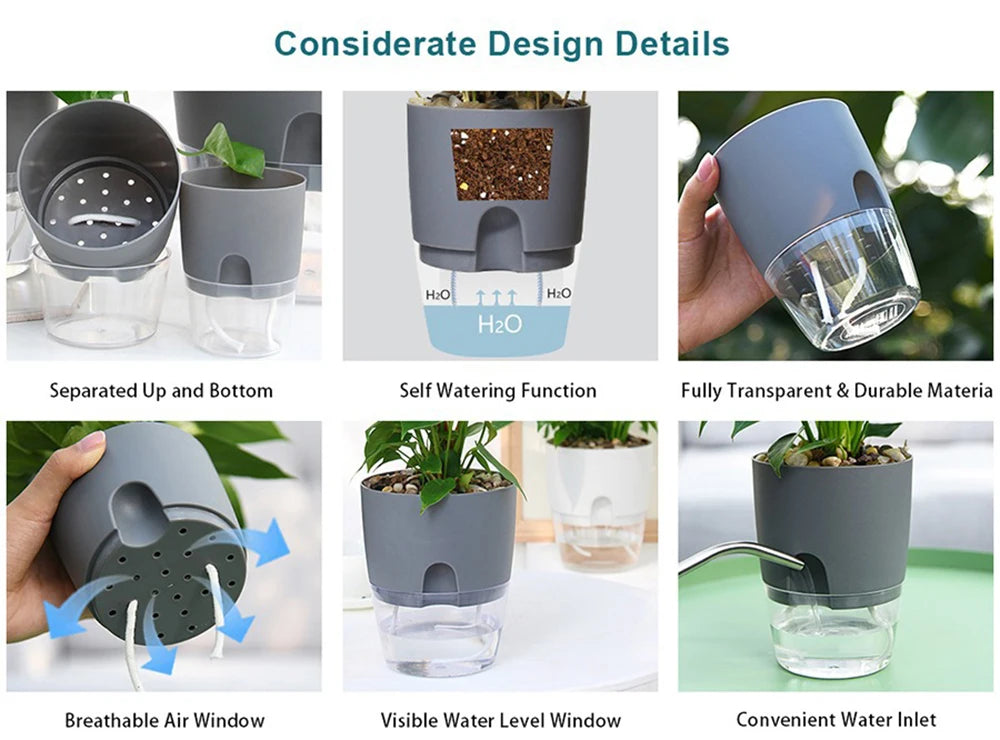 Pot plante auto arrosant gris moderne base transparente drainage fenêtre niveau eau inlet