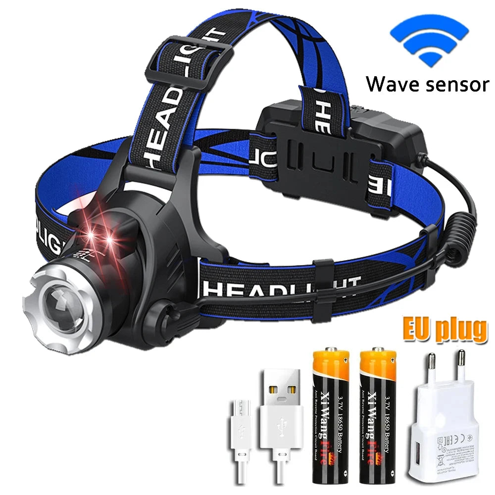 lampe frontale led rechargeable usb noir bleu rayures ajustable ceinture modes luminosité ipx4 water