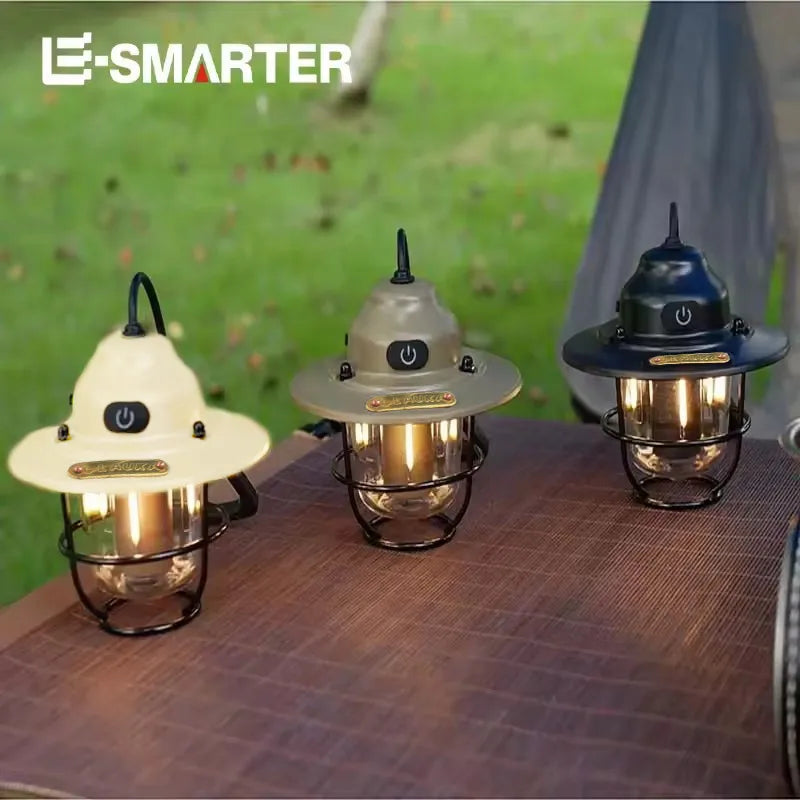 lampe camping vintage robuste noir beige gris métal verre transparent rechargeableextérieur camping portable
