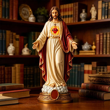 statue christ coeur sacré doré livres lampes abat jour blanc meubles bois tableaux paysages
