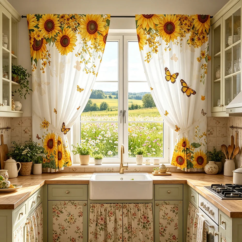 rideau tournesol fleurs papillons moderne rustique blanc jaune vert beige translucide maison