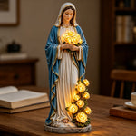 statue vierge marie résine illuminée roses blanc bleu doré extérieur intérieur religieuse classique
