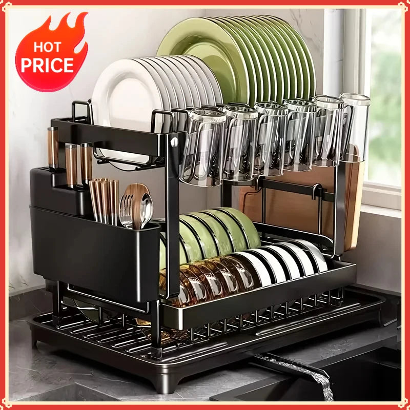 égouttoir vaisselle acier inoxydable moderne noir blanc rangement couteaux cuillères verres plats tasses