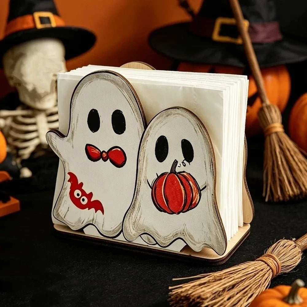 support serviettes halloween fantômes citrouille chauve souris décoration festive blanc orange rouille