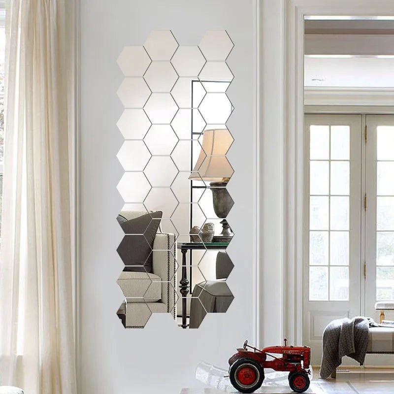 miroir hexagonal acrylique adhésif mural décoratif mosaïque brillant argenté doré gris clair moderne