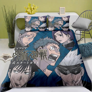 couverture lit anime jujutsu kaisen personnages bleu gris noir pièces housse couette taies oreillers