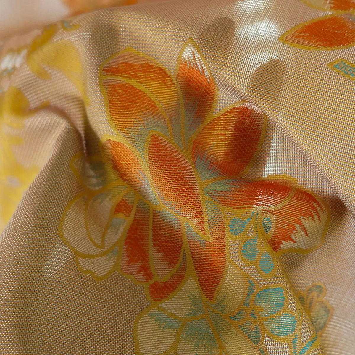 tissu polyester jacquard motifs floraux traditionnels beige orange jaune bleu turquoise opaques coudre