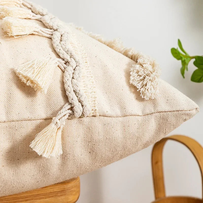 coussin beige géométrique frange boho chic intérieur décoration maison lavable