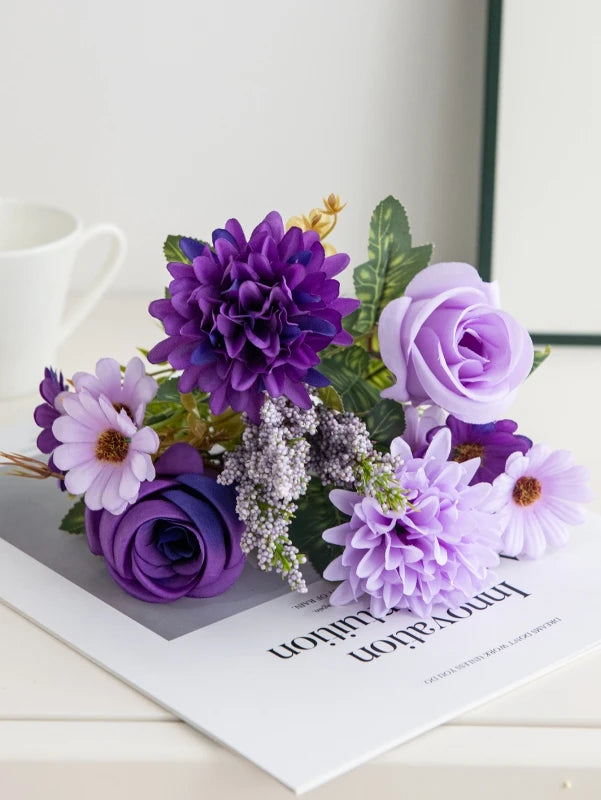 bouquet fleurs artificielles roses marguerites décoration mariage anniversaire extérieur maison vases blanc violet rouge