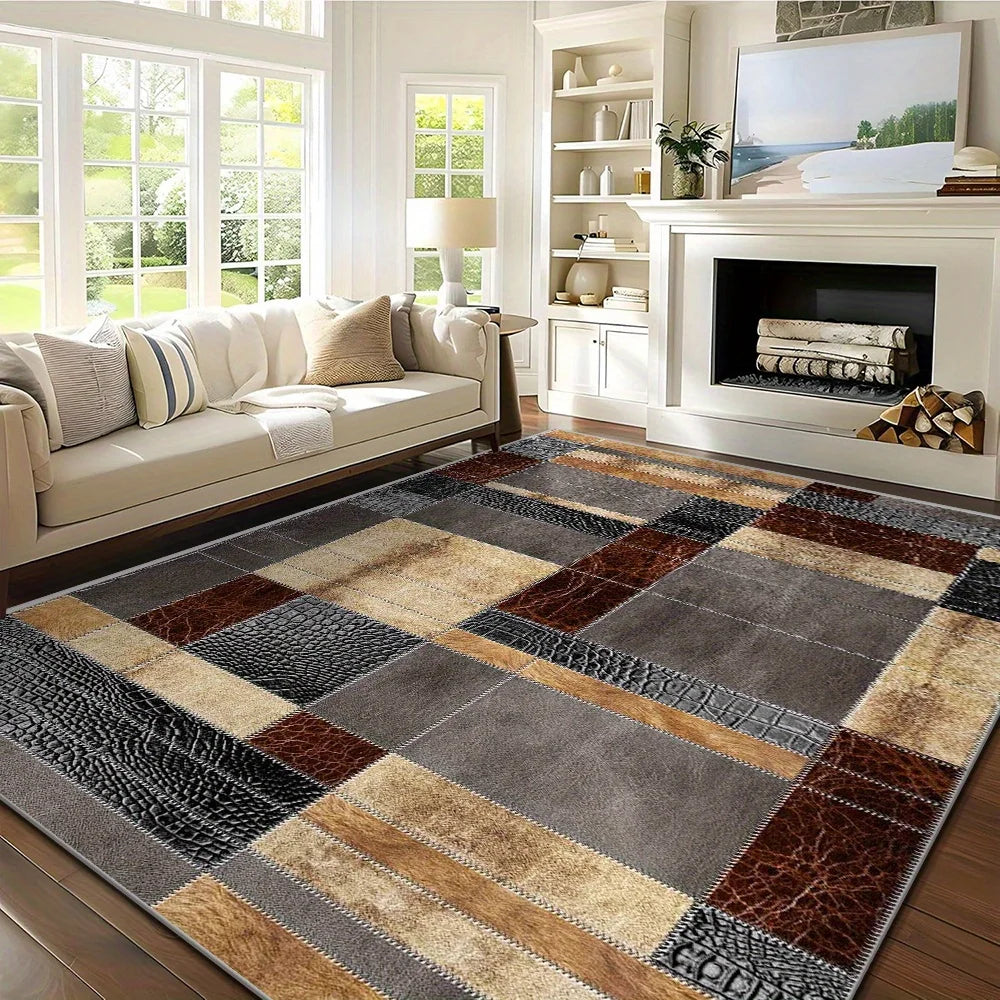 tapis moderne gris marron carreaux géométriques anti dérapant salon chambre 140x200cm