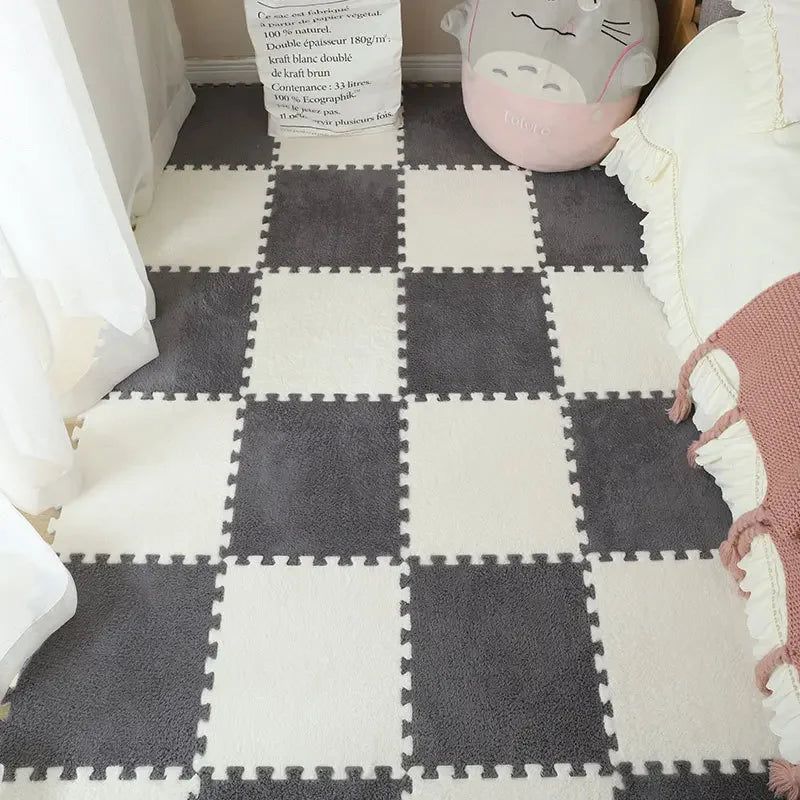 tapis modulable carreaux géométriques noir beige gris vert bleu rose moderne douillet insonorisant chambre