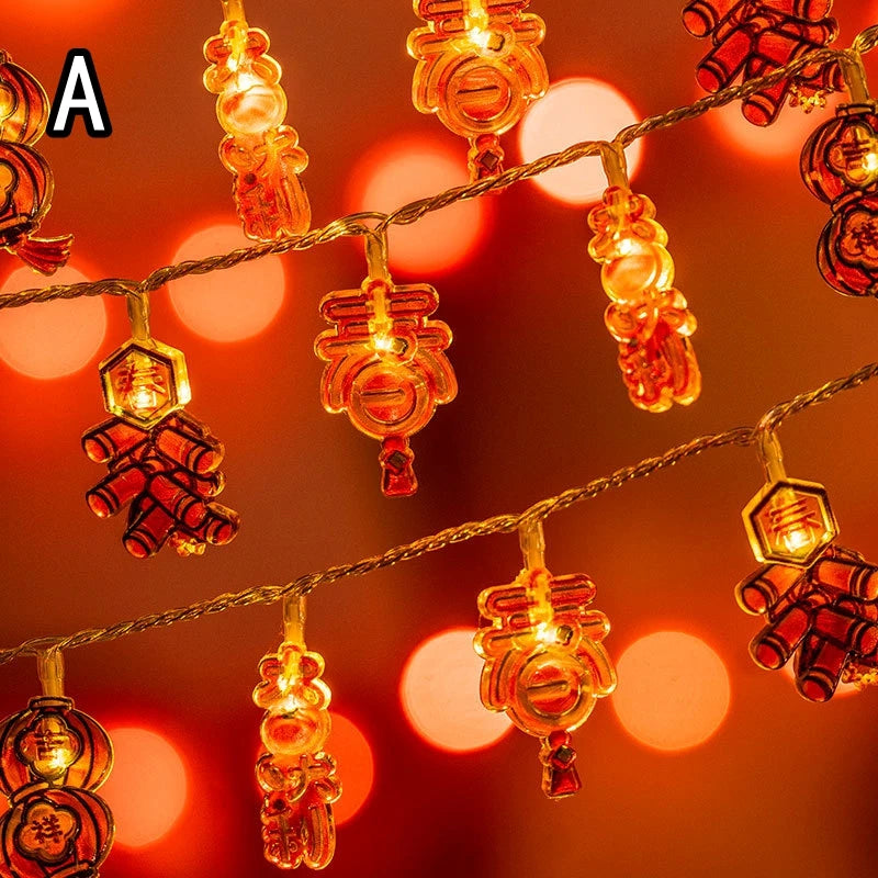 guirlande lumineuse chinoise festive lions poissons lanternes caractères rouges orange doré