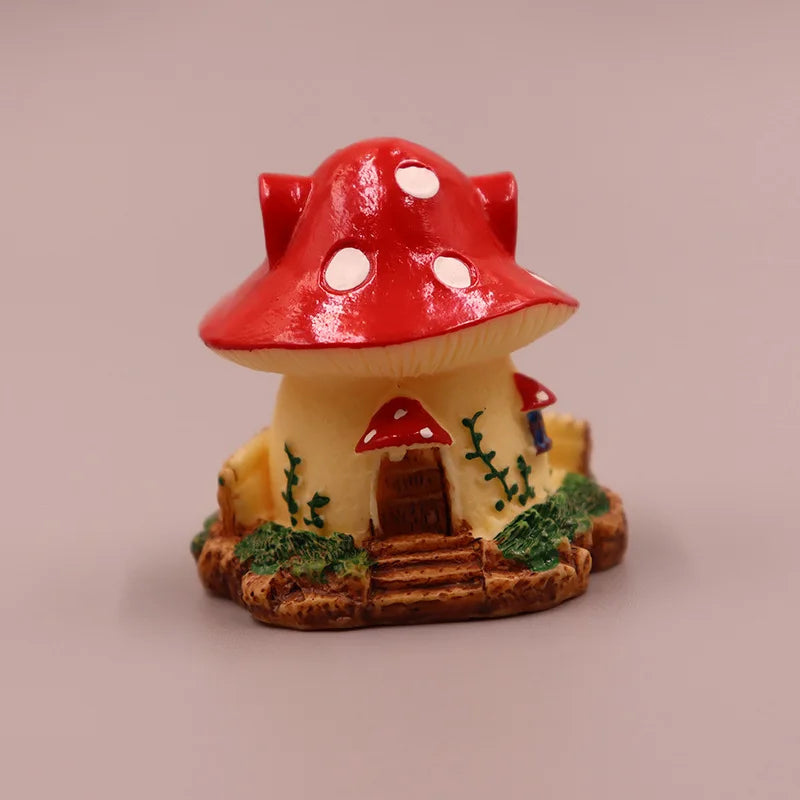 ornements résine maison champignon fleur jaune rouge bleu rose contes fées décoration micro jardin