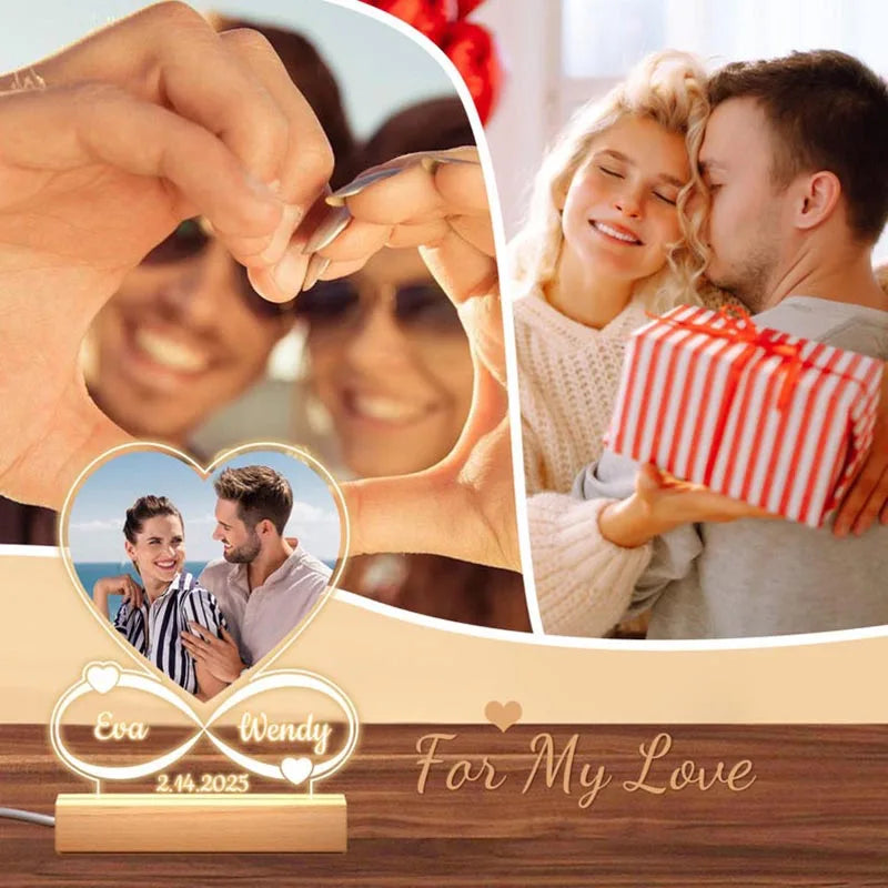 lampe photo personnalisable moderne coeur infini gravure bois blanc couple cadeau anniversaire romantique