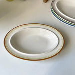 assiettes ovales rayées blanc bleu orange brun vaisselle classique décoration table servir plats après