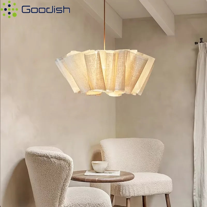Lampe suspendue moderne tissu beige clair texture légèrement rugueuse salon chambre hall