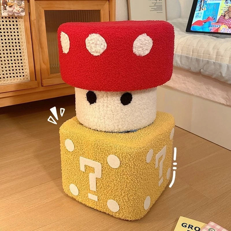 tabouret decoratif forme champignon bois pelucheux couleur rouge jaune blanc points blancs ludique minimaliste