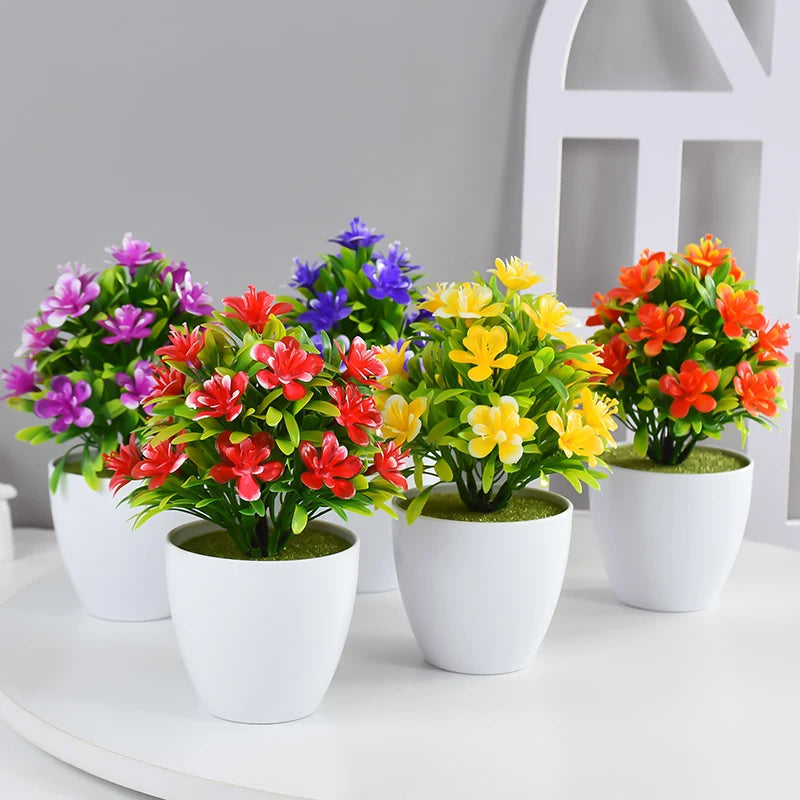 plantes artificielles bonsaï violettes rouges jaunes blanches pot blanc mousse verte décoration moderne extérieur