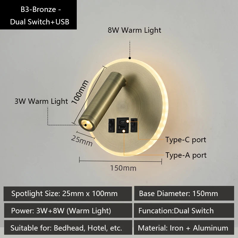 applique murale led moderne ports usb lampes lecture réglables chambre étude