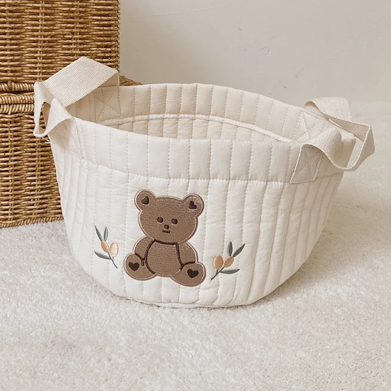 sac rangement coton brodé ours lapin blanc enfantin poignées tissu respectueux environnement coton épais