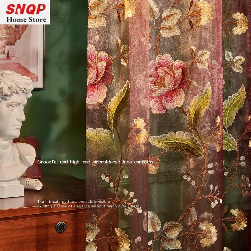 rideau semi transparent brodé motif floral classique élégant fenêtre salon chambre maison luxe
