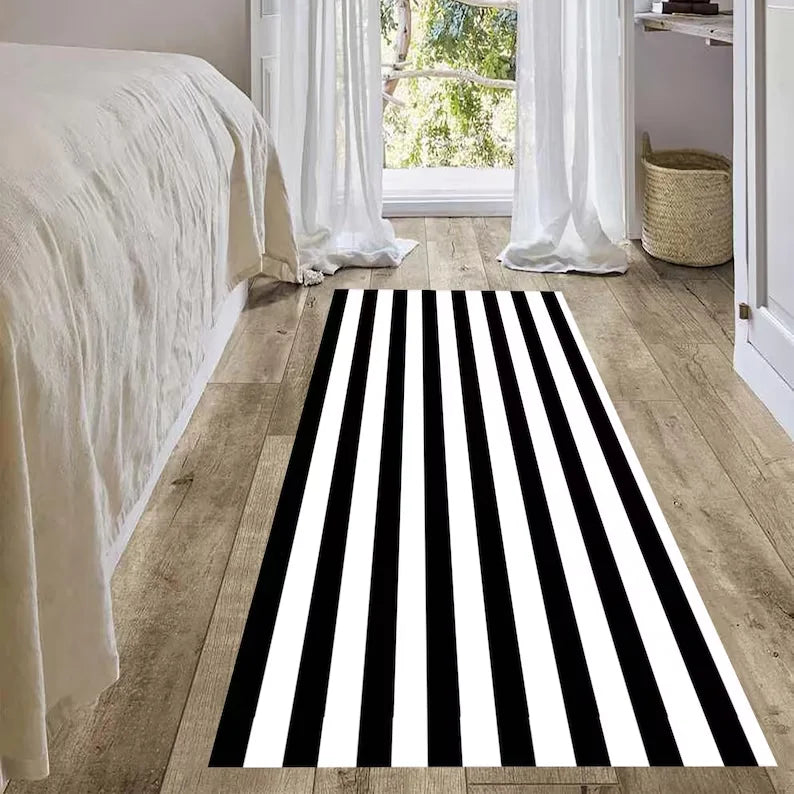 tapis moderne noir blanc rayures salon chambre salle bain lavable polyester aubusson