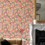 papier peint fleurs colorées moderne résistant humidité autocollant rose jaune vert bleu blanc salon