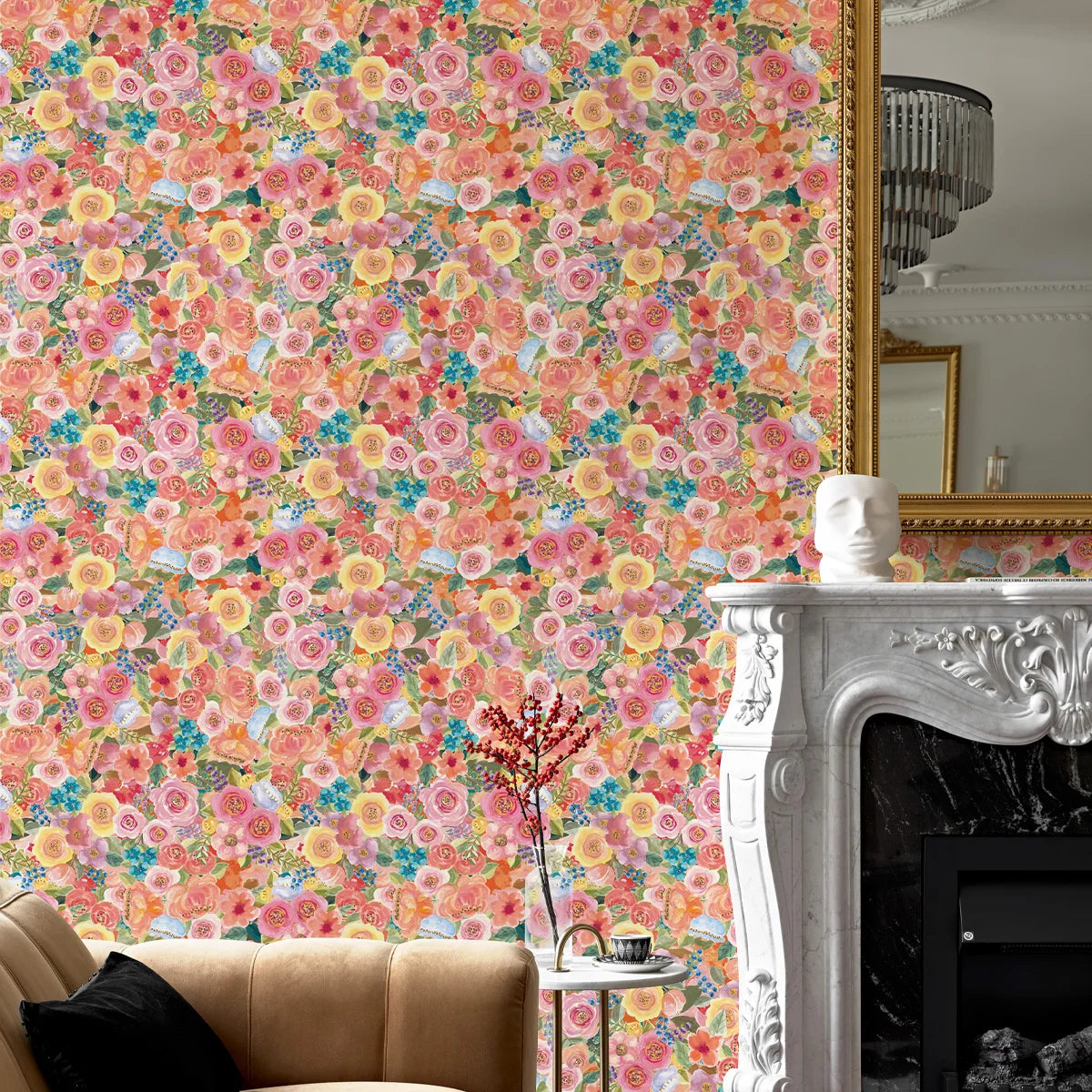 papier peint fleurs colorées moderne résistant humidité autocollant rose jaune vert bleu blanc salon