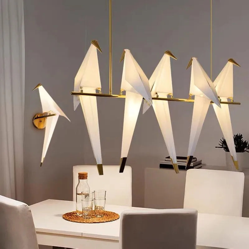 chandelier moderne oiseaux suspension blanc doré fluo lumières fixations métal artistique