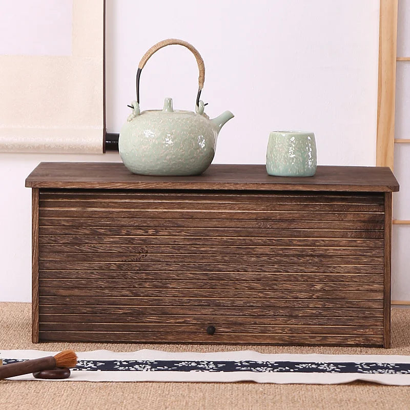 présentoir thé rustique meuble bois rangement tasses théière calligraphie zen asie tapis motifs floraux