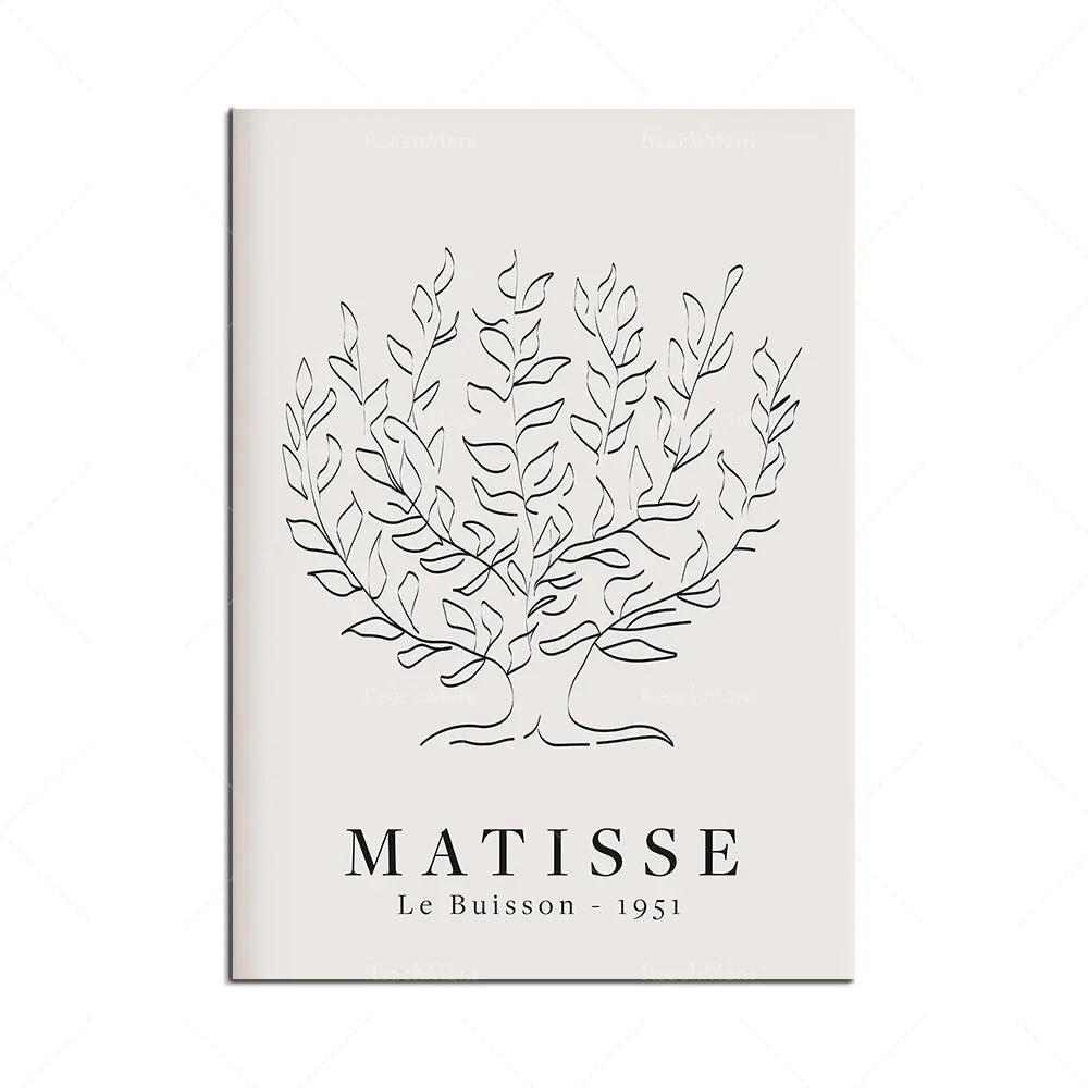 L'image présente une illustration minimaliste d'un arbre avec des branches et des feuilles stylisées sur un fond blanc, avec le titre "MATISSE Le Buisson - 1951" en bas de l'image.