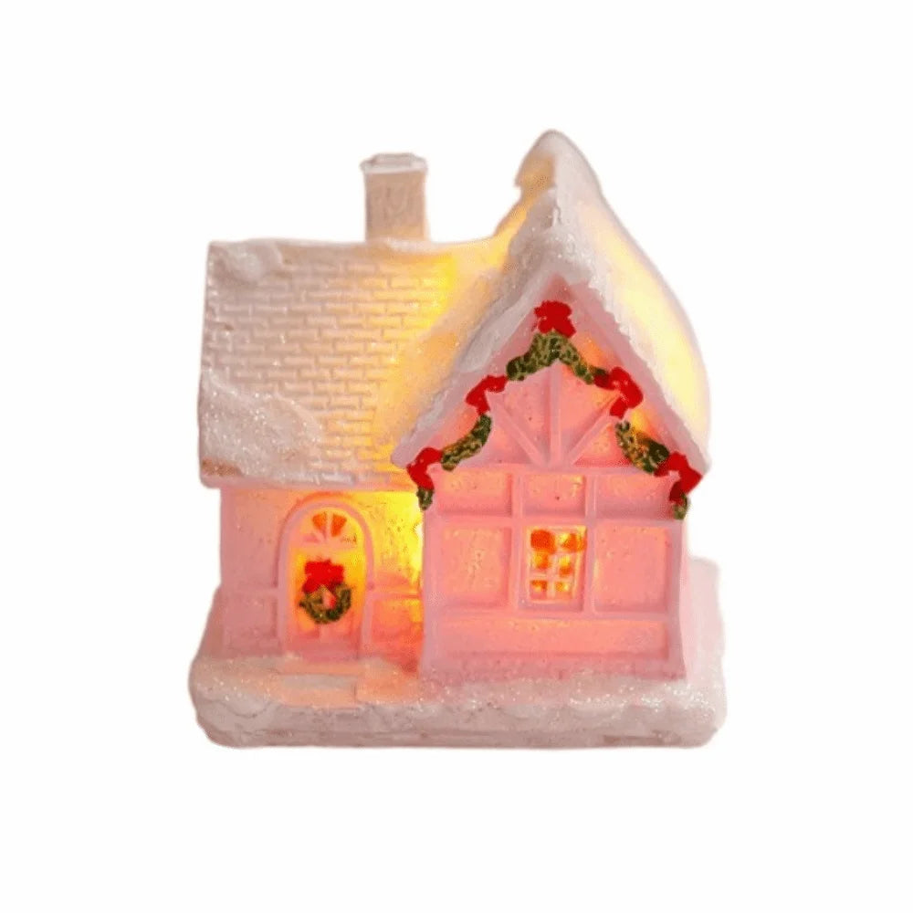 ornement noël miniature maison lumineuse rose brique neige toit fenêtres porte guirlandetoyshop