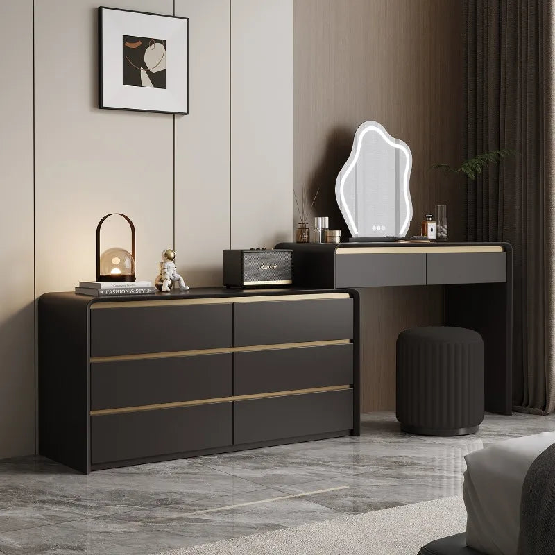 coiffeuse moderne meuble rangement tiroirs noir blanc tabouret lampe minimaliste