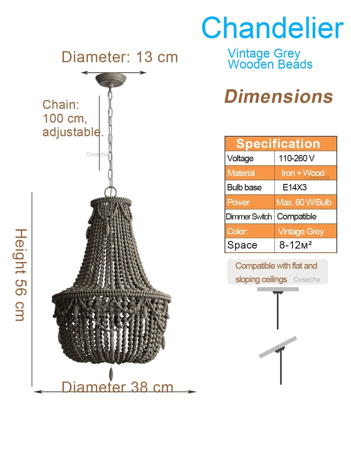 lampe suspendue bois blanc noire chaîne dorée classique vintage chambre cuisine salle manger