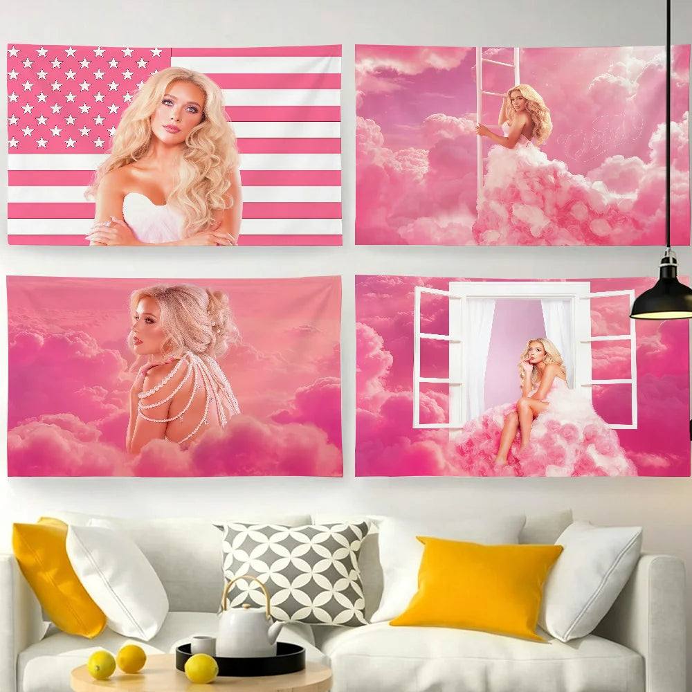 tapisserie murale rose étoiles blanches décoration chambre salon moderne minimaliste clips métalliques