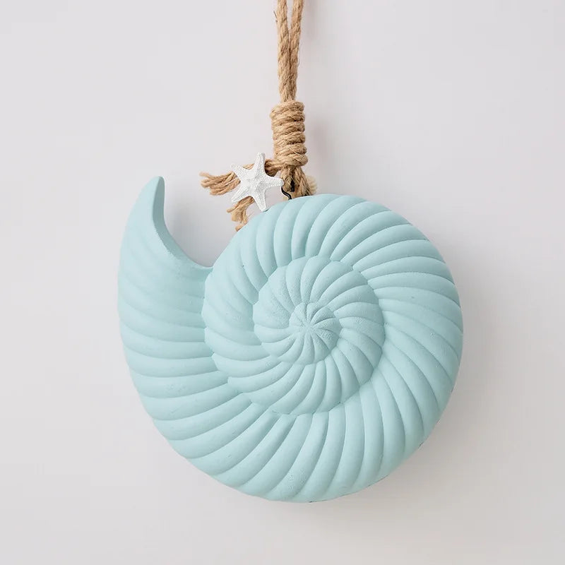 décoration murale bois coquillage bleu marine turquoise blanc spirale opalescente étoile mer coquillage fixations