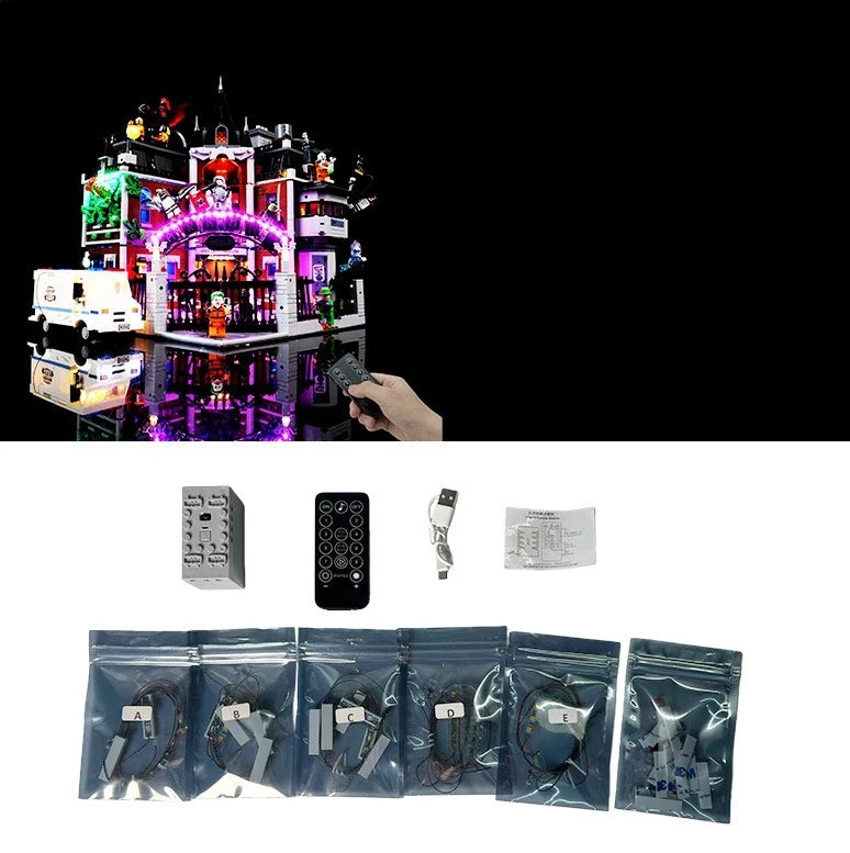 éclairage led construction lego arkham asylum affiches personnages ambulance portes plaques textes fantaisie sciencefiction