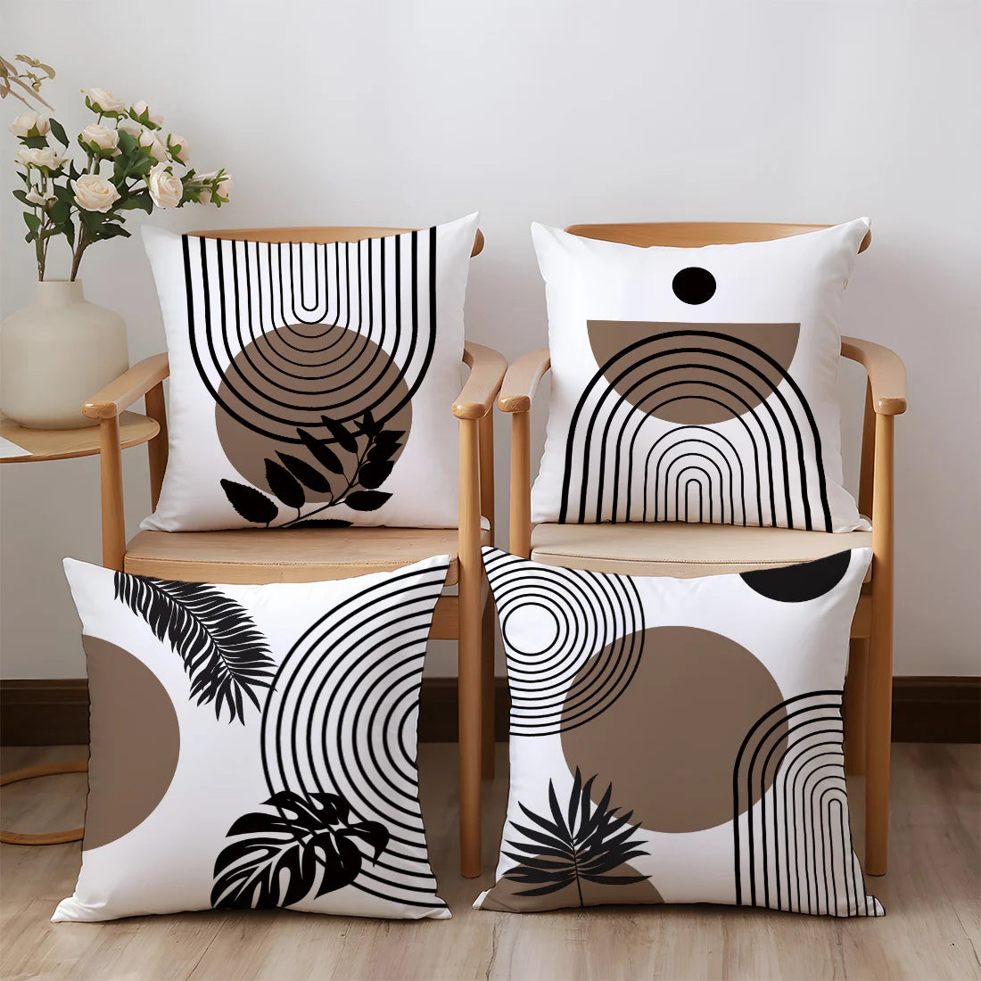 taies d'oreiller polyester motifs géométriques feuilles moderne blanc marron noir opaques canapé lit 40x40cm