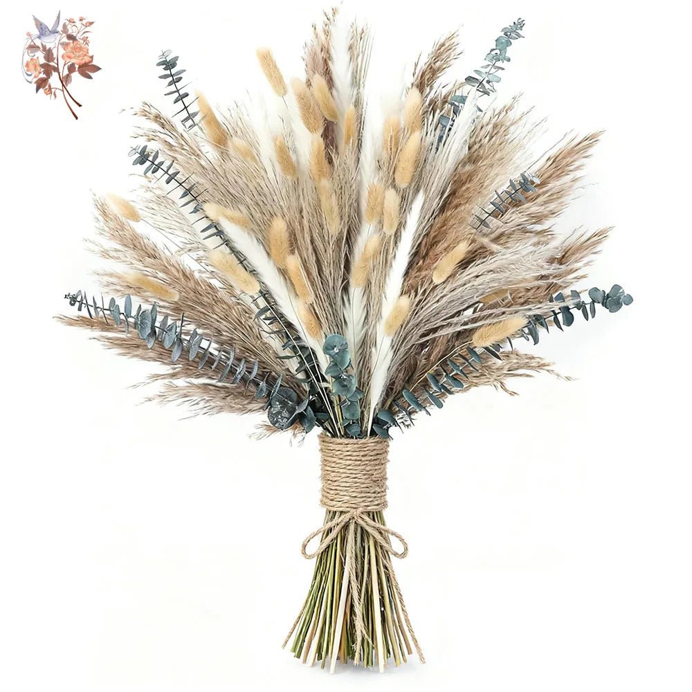 bouquet fleurs séchées eucalyptus roseau pampas beige blanc vert rustique décoration maison anniversaire mariage