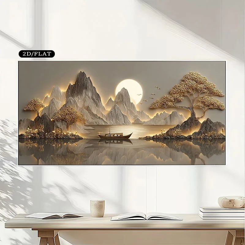 tableau moderne minimaliste paysage montagneux bateau arbres stylisés ciel soleil gris beige doré sans